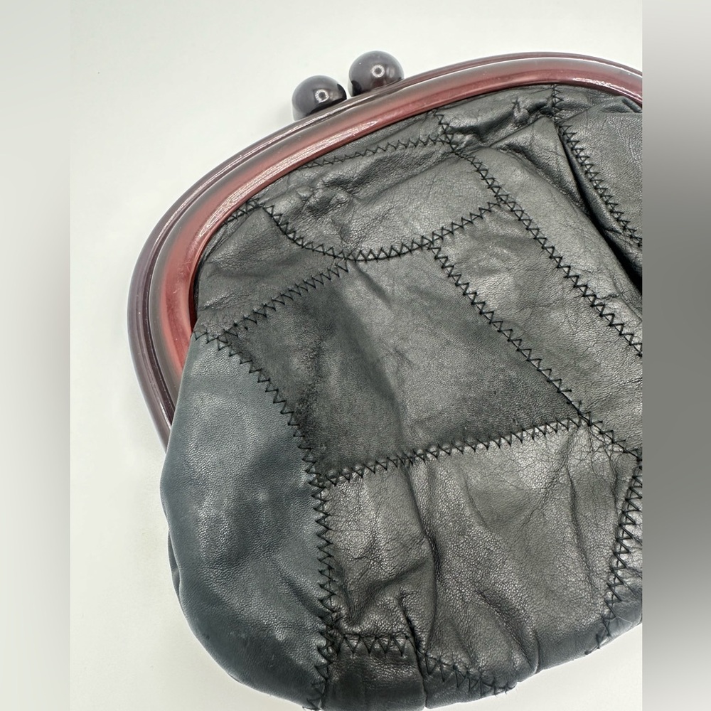 Vintage Leather Patchwork Clutch Purse Bag with Acrylic closure Black - Picture 2 of 8